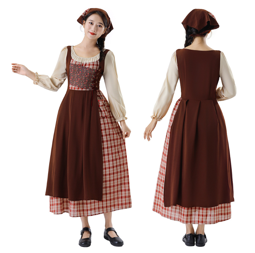 Traditional Dirndl Costume Dress With Cream Long Sleeves And Ankle Length